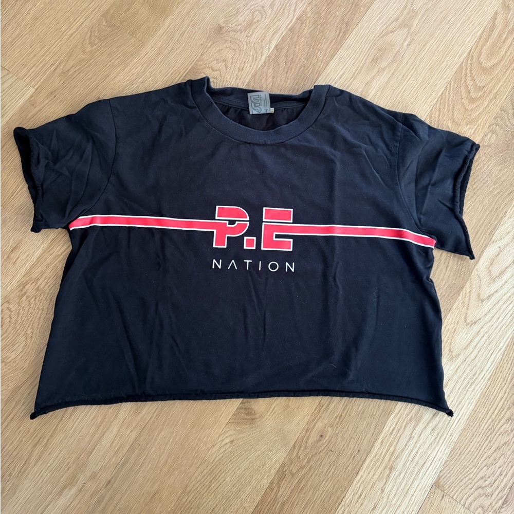 P.E Nation Black Cropped Tee with Red Accent Size S